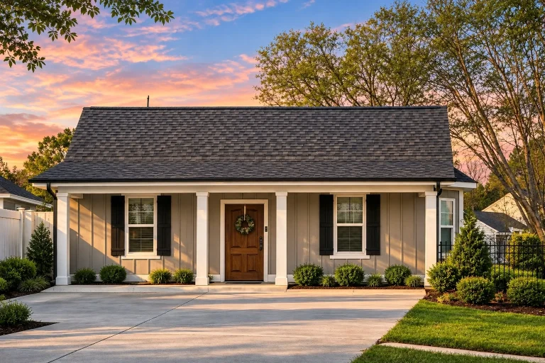 House Plans with Fireplace 24 Front elevation of a Classic Cottage style home with horizontal lap siding, simple porch columns, and a steep Cape Cod–inspired roofline