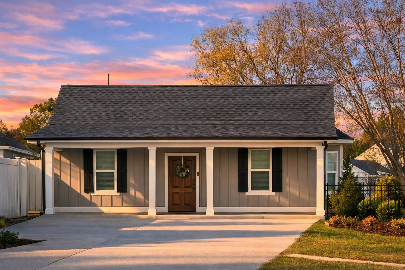 Front elevation of a Classic Cottage style home with horizontal lap siding, simple porch columns, and a steep Cape Cod–inspired roofline