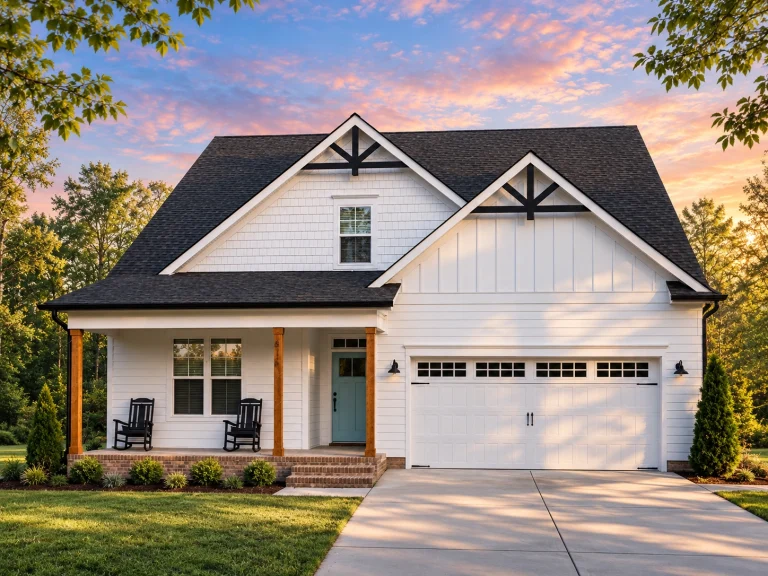 Front elevation of a New American Craftsman style house featuring horizontal siding, board and batten gables, stone accents, and a two-car garage