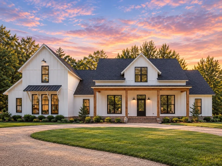 Front elevation of modern farmhouse home with white board and batten siding, black windows, gabled rooflines, and covered front porch