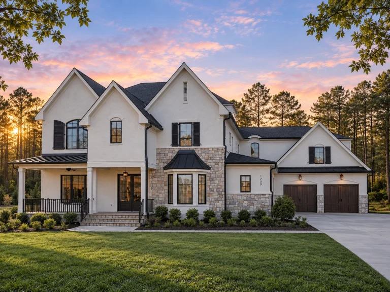 Ranch House Plans 8 Front exterior of a New American style luxury home with stone and brick exterior, gabled rooflines, covered porch, and side-entry garage
