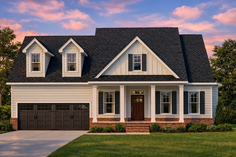 Front elevation of New American farmhouse style home with horizontal siding, stone wainscot, gabled roof, and covered front porch