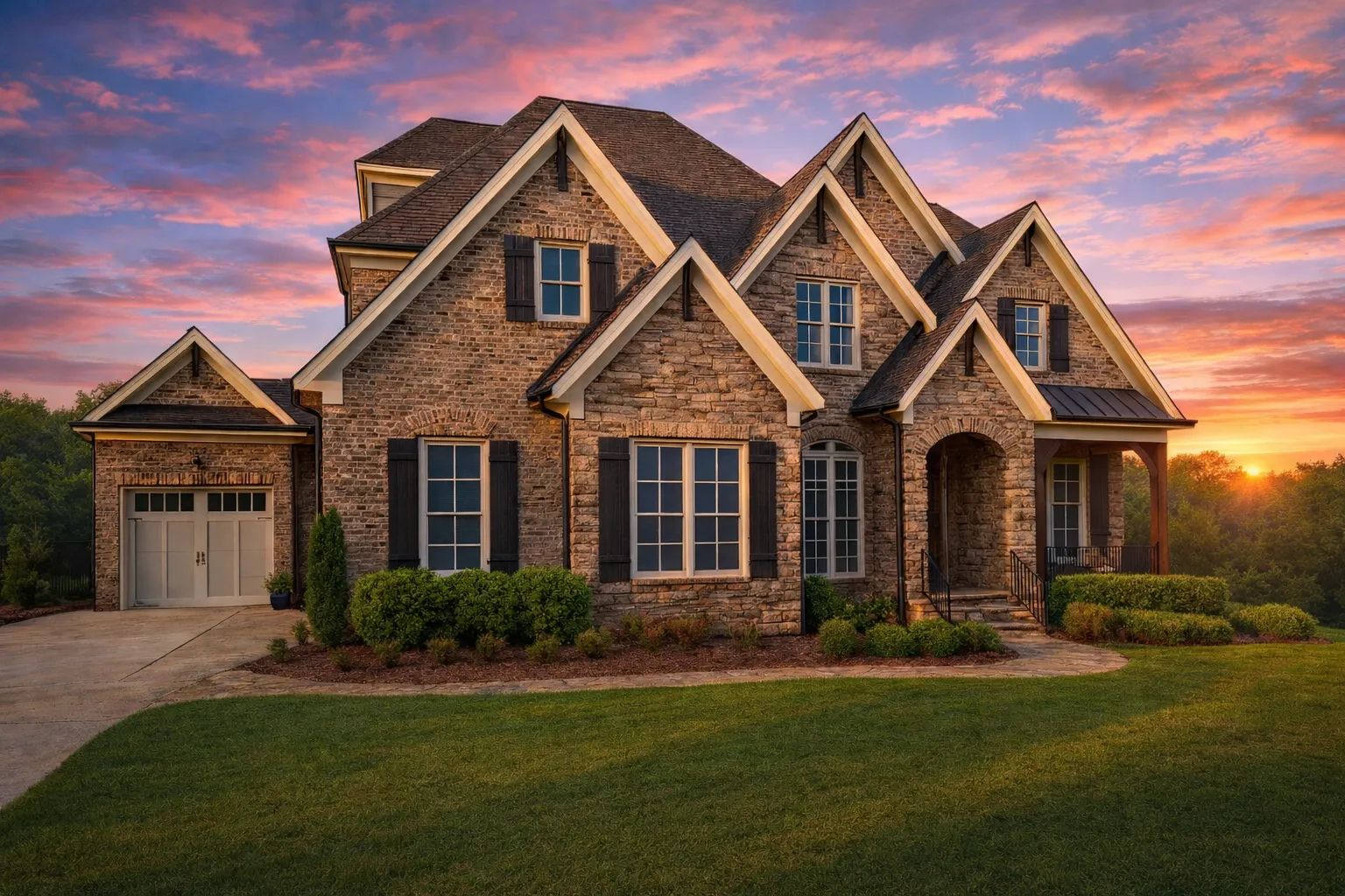Front elevation of a Traditional Colonial and New American style home with brick exterior, steep gabled rooflines, and classic window detailing