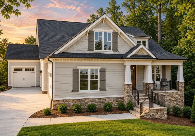 Front exterior of a Craftsman Cottage style home featuring horizontal siding, stone porch columns, gabled rooflines, and a welcoming covered front porch