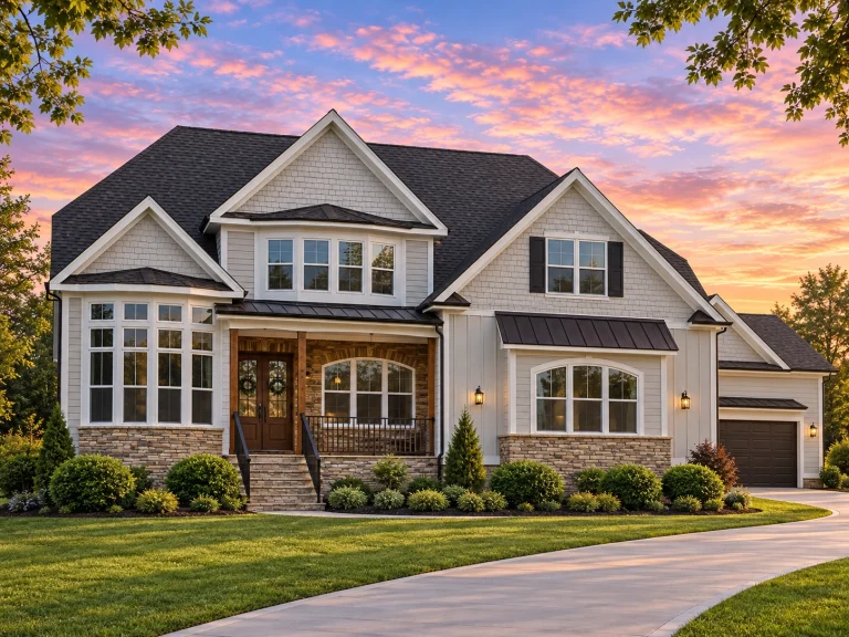 Front elevation of a New American Modern Traditional style house with board and batten siding, gabled rooflines, and attached two-car garage