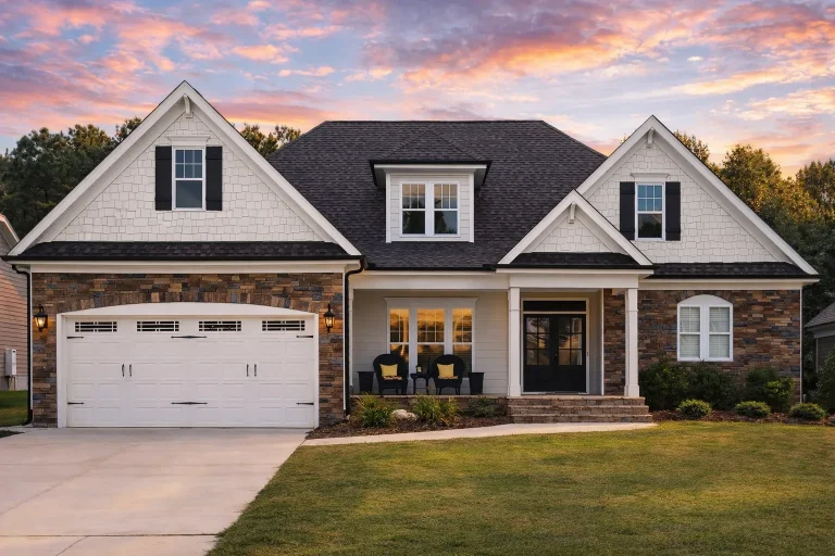 Front exterior of a New American style home featuring stone veneer, shingle siding, gabled rooflines, and a covered front porch