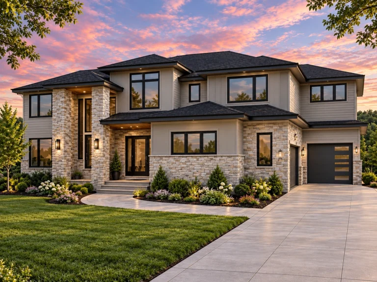 Front exterior view of a New American style two-story home featuring horizontal siding, board-and-batten accents, large windows, and a balanced suburban facade