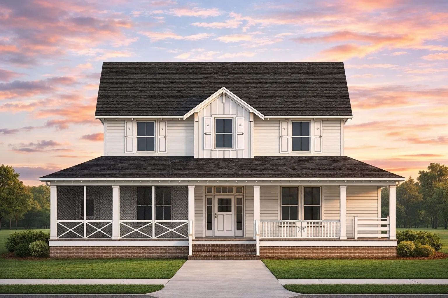 Colonial Farmhouse House Plans 29 Front elevation of a Colonial Farmhouse style home featuring horizontal siding, board and batten gable, brick foundation, and a full-width covered porch