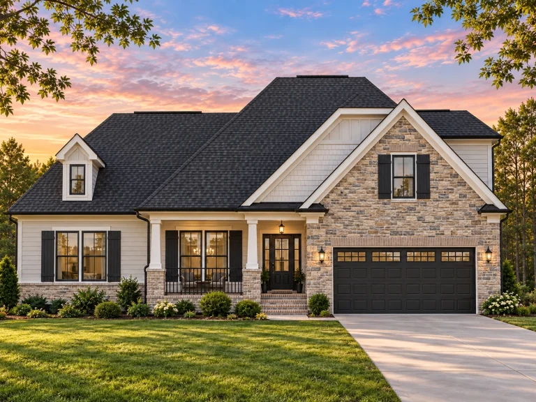 French Country Farmhouse Plans 16 Front elevation of a Traditional Ranch style home featuring stone accents, horizontal lap siding, gable rooflines, and a welcoming covered porch entry