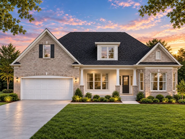 Front elevation of a Modern Farmhouse home featuring stone accents, board-and-batten siding, horizontal lap siding, and a welcoming covered porch