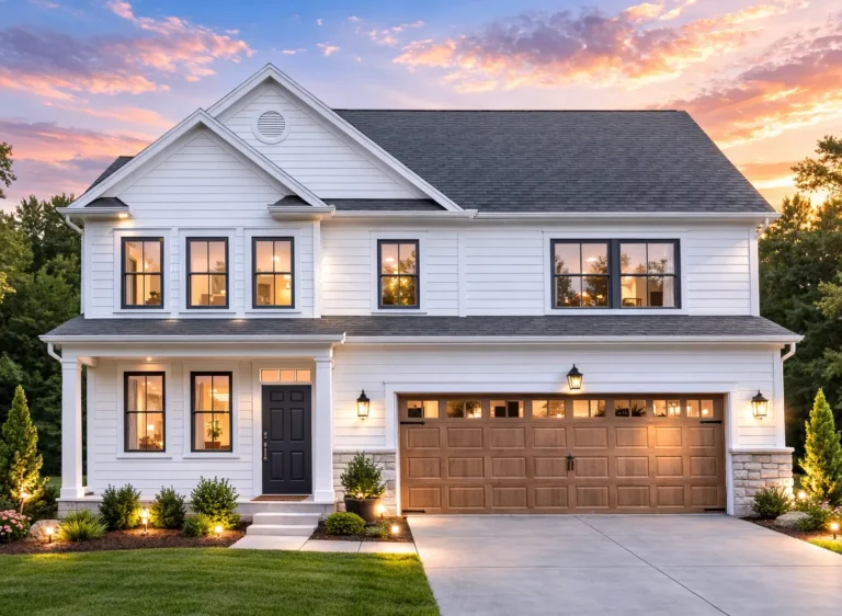 House Plans with Second Floor Laundry Room 19 Front elevation of a Modern Traditional New American style home with horizontal siding, stone base accents, black windows, and an attached two-car garage