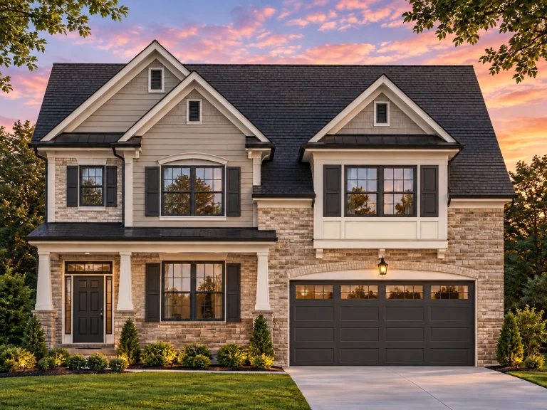 Front elevation of a New American Modern Traditional home with brick exterior, lap siding, gabled rooflines, and attached two-car garage