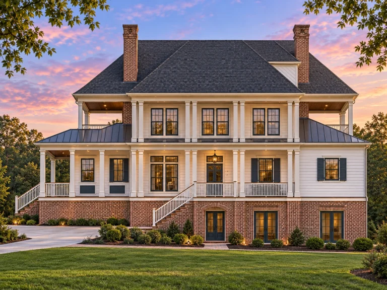 Cottage House Plans 15 Front elevation of a Neo-Colonial coastal traditional home with white lap siding, raised stone foundation, brick chimneys, and symmetrical window design