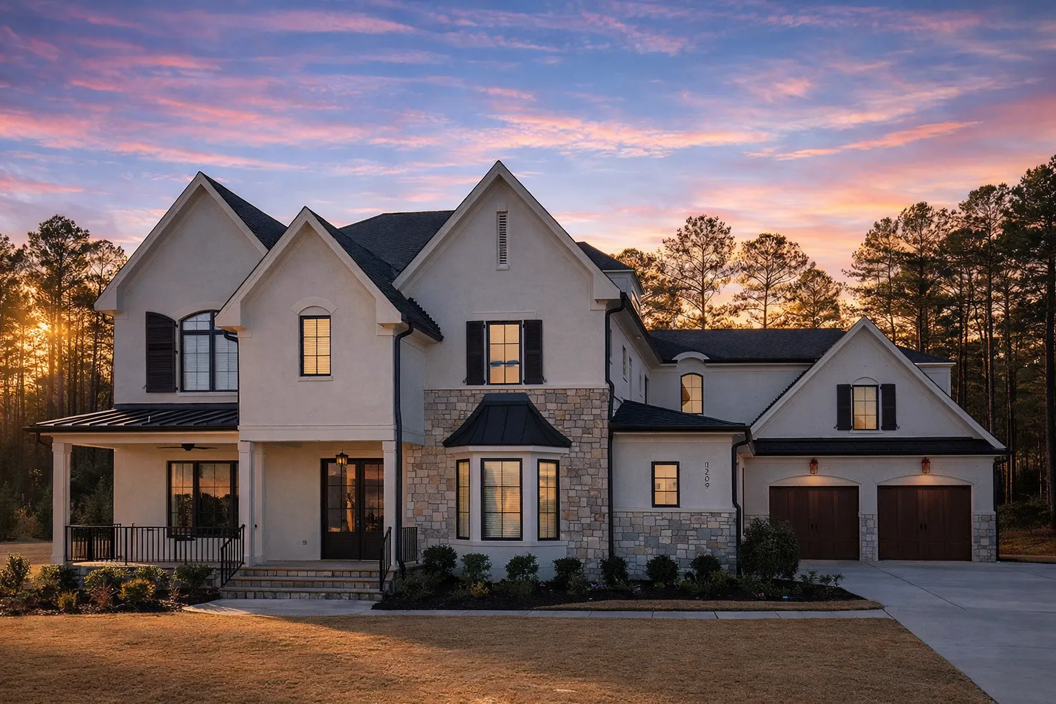 Front exterior of a New American style luxury home with stone and brick exterior, gabled rooflines, covered porch, and side-entry garage