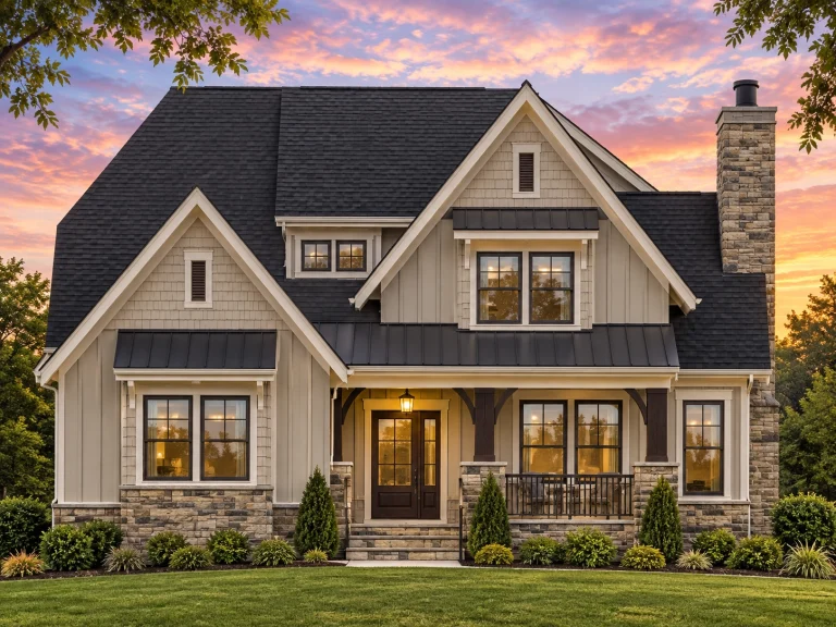 Front view of a Modern Farmhouse Craftsman style home featuring board and batten siding, stone accents, gabled rooflines, and a welcoming covered front porch