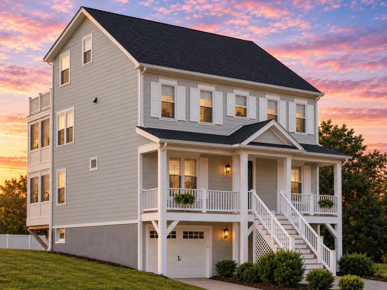 Elevated Coastal Traditional style house with horizontal siding, raised pier foundation, covered porches, and exterior staircase designed for coastal living