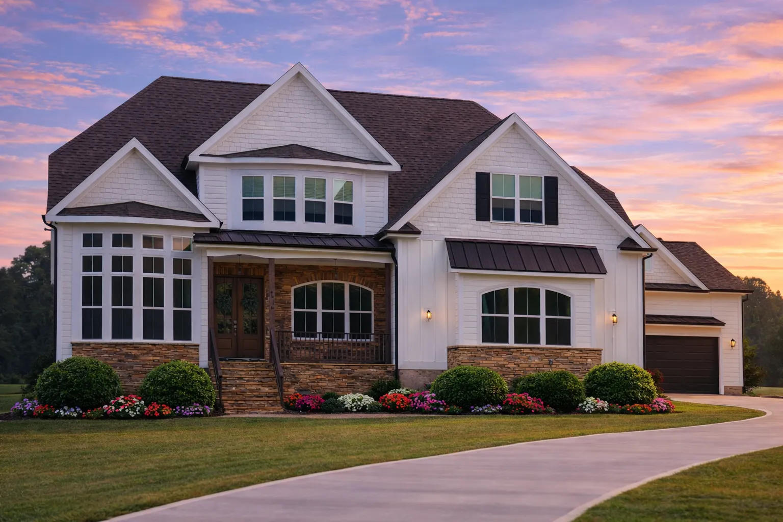 Front elevation of a New American Modern Traditional style house with board and batten siding, gabled rooflines, and attached two-car garage