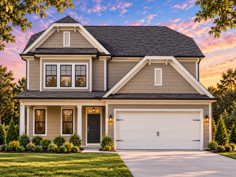 Front elevation of modern farmhouse style home with white board and batten siding, black roof, covered porch, and attached 2-car garage