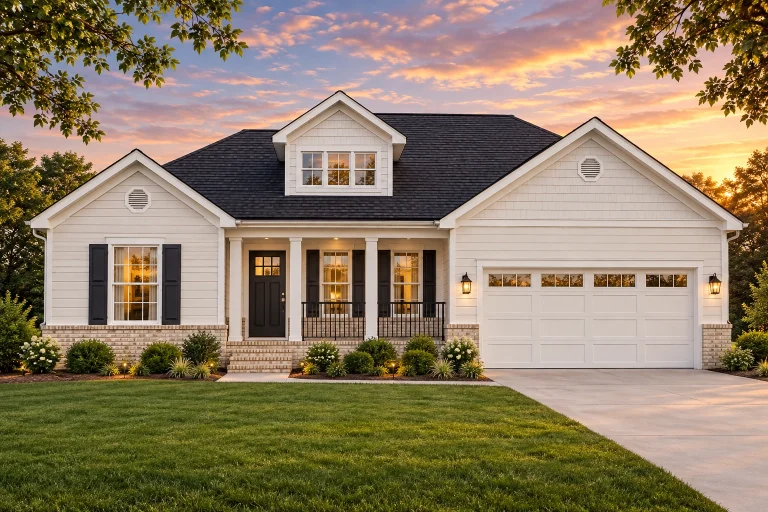 Country Farmhouse Plans 24 Front view of a Traditional Ranch suburban home with horizontal lap siding, brick foundation accents, covered front porch, dormer window, and attached 2-car garage