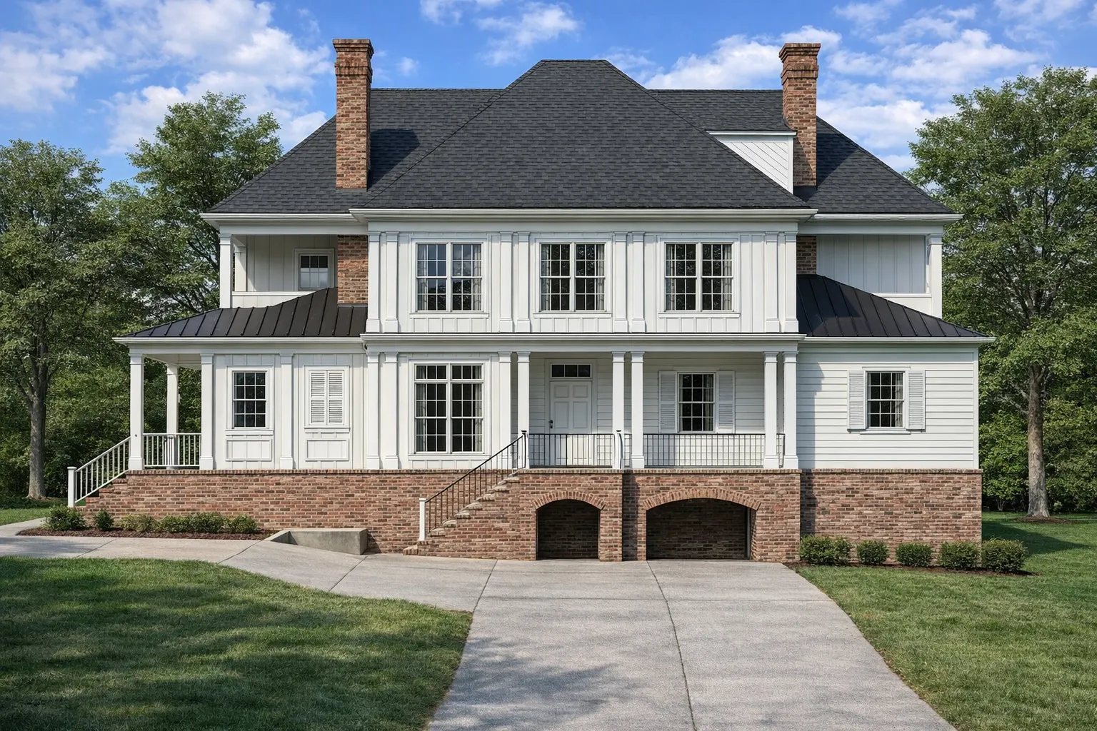Front elevation of a Neo-Colonial coastal traditional home with white lap siding, raised stone foundation, brick chimneys, and symmetrical window design