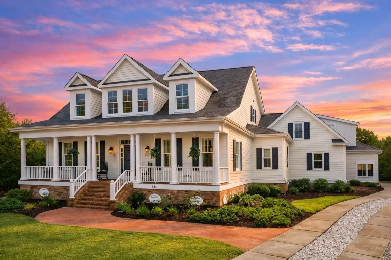 Front elevation of a Southern Low Country style home featuring yellow lap siding, white columns, brick foundation, and a full-width covered porch