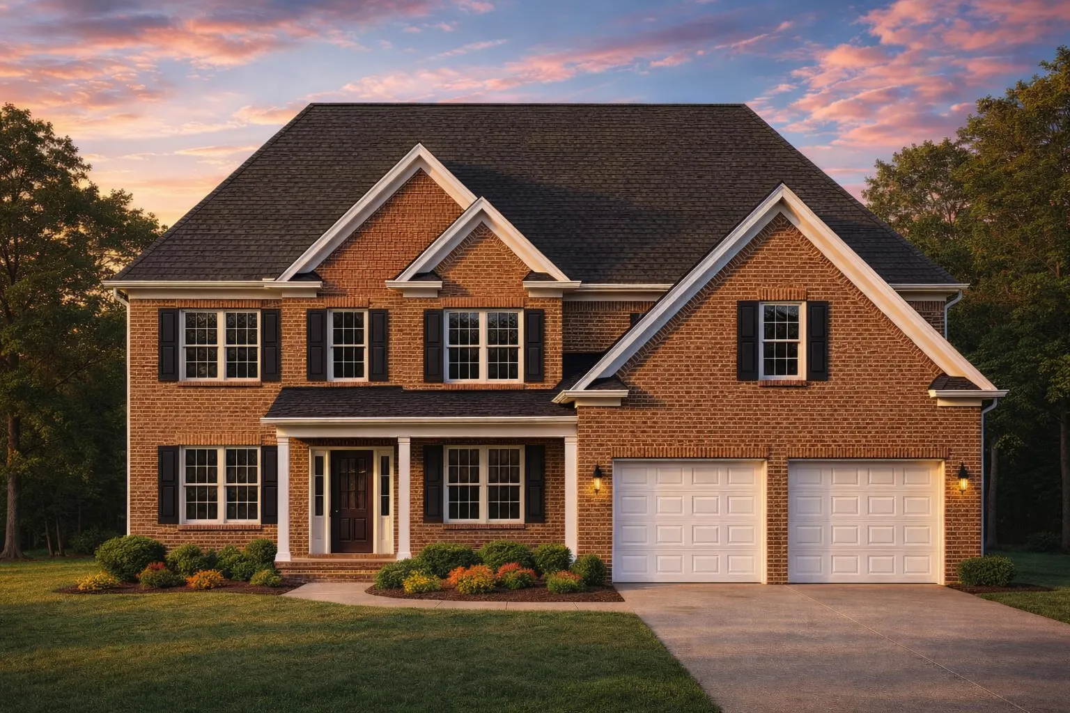 Front elevation of a Traditional Colonial style home with brick exterior, symmetrical windows, gabled rooflines, and attached garage