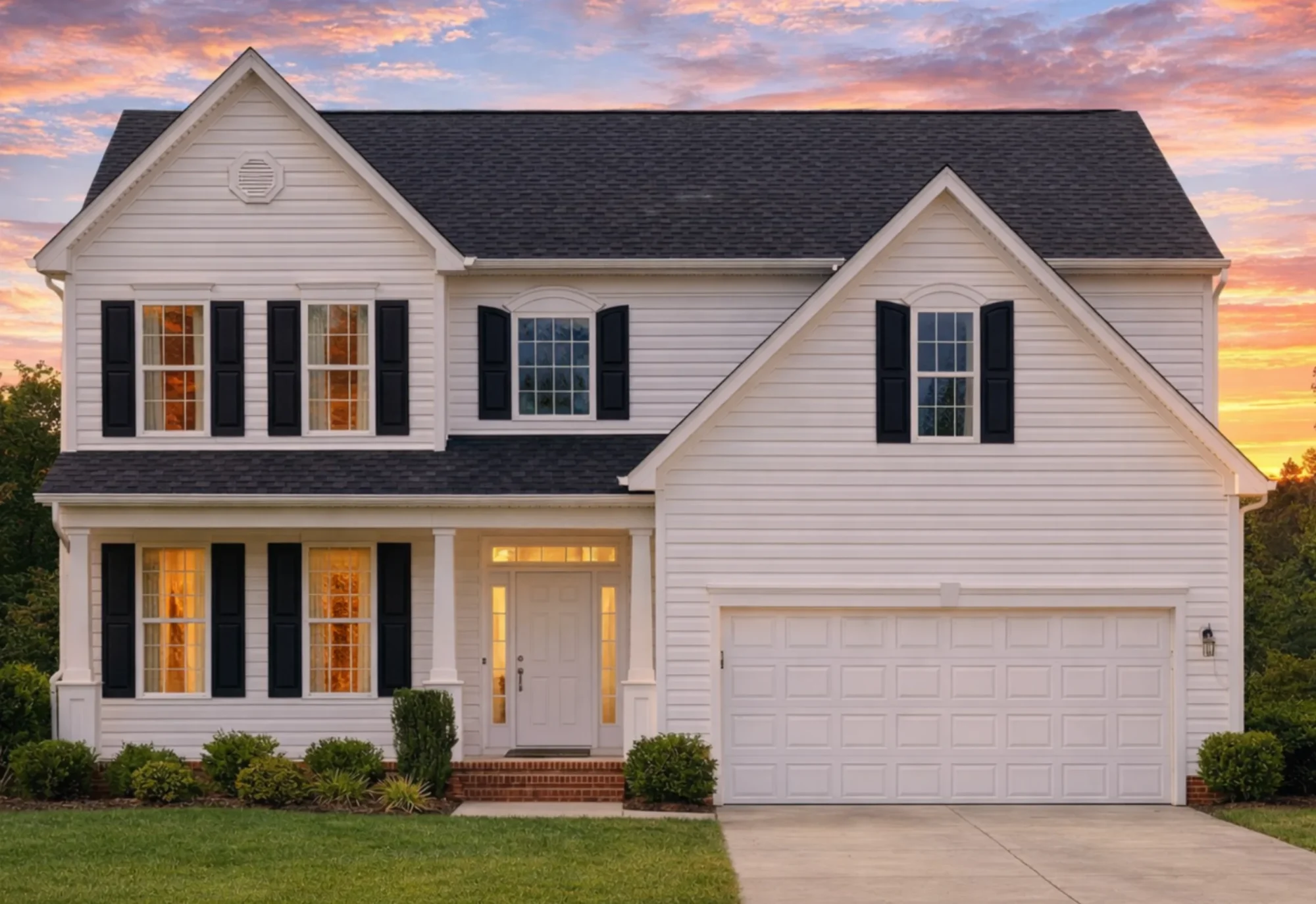 Front elevation of a New American Traditional Colonial style home with horizontal siding, brick accents, symmetrical windows, and attached two-car garage