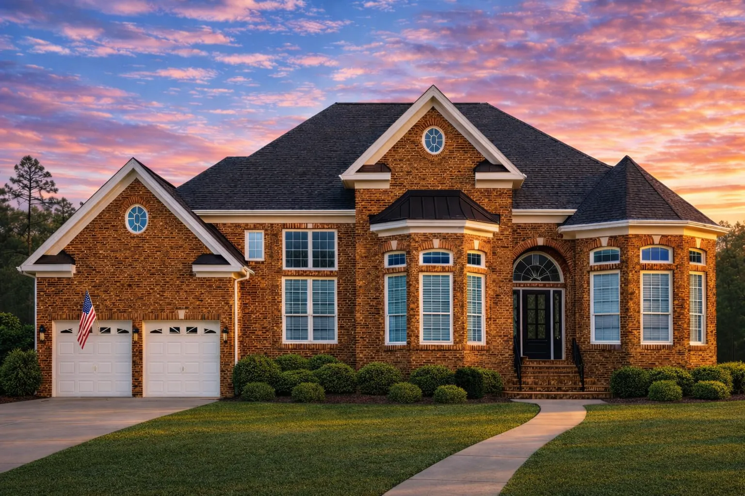 Front exterior of a Traditional Colonial style brick home featuring symmetrical windows, arched entryway, and classic Southern detailing