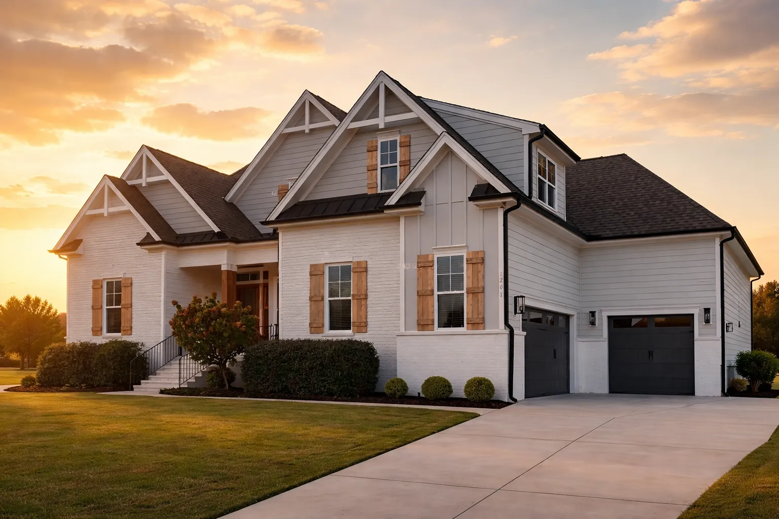 Front elevation of modern farmhouse style home with board and batten siding, painted brick, gabled rooflines, and double garage
