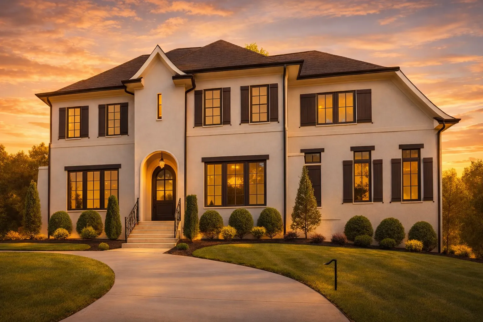 Front and side view of a Transitional Modern Traditional home featuring smooth stucco exterior, black window trim, and arched entryway design with timeless curb appeal