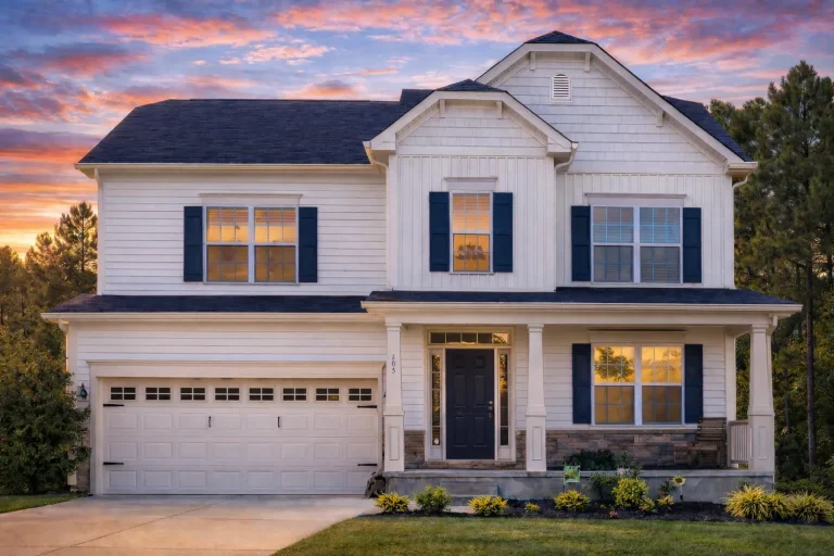 Front elevation of a New American style two-story house featuring horizontal siding, stone accents, black garage door, and symmetrical windows