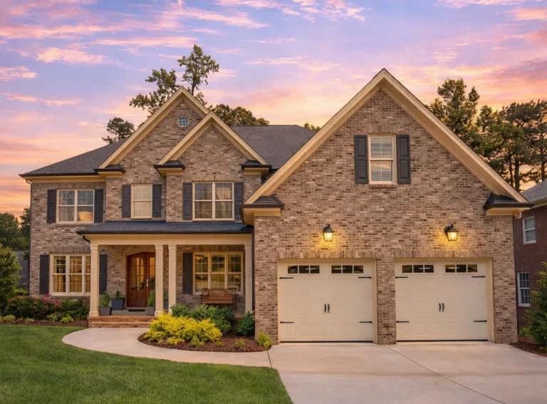 Front elevation of a Traditional Colonial style home with brick exterior, symmetrical windows, gabled rooflines, and attached garage