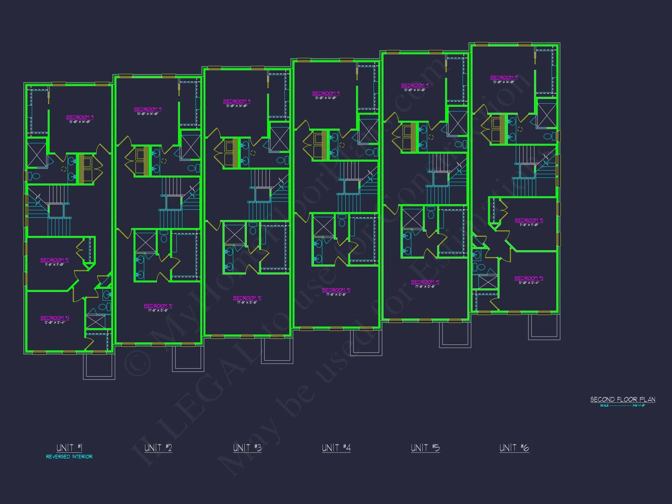 17-1865 6-UNIT TOWNHOUSE PLAN - Georgian Home Plan - 4-Bed, 4-Bath, 4,500 SF 13 Modern Townhome Floor Plan with CAD Architecture Design