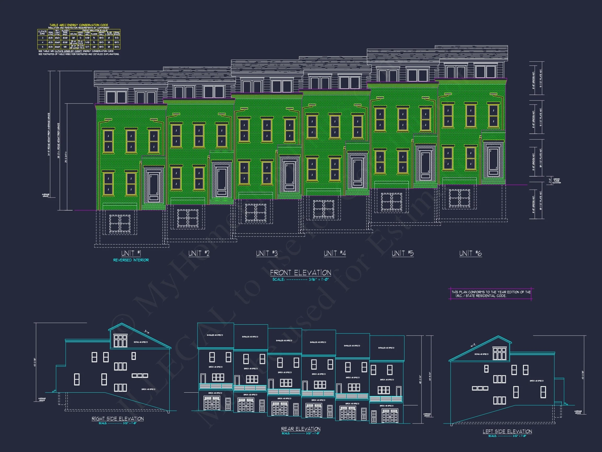 17-1865 6-UNIT TOWNHOUSE PLAN - Georgian Home Plan - 4-Bed, 4-Bath, 4,500 SF 20 Modern Townhome Floor Plan with CAD Architecture Design