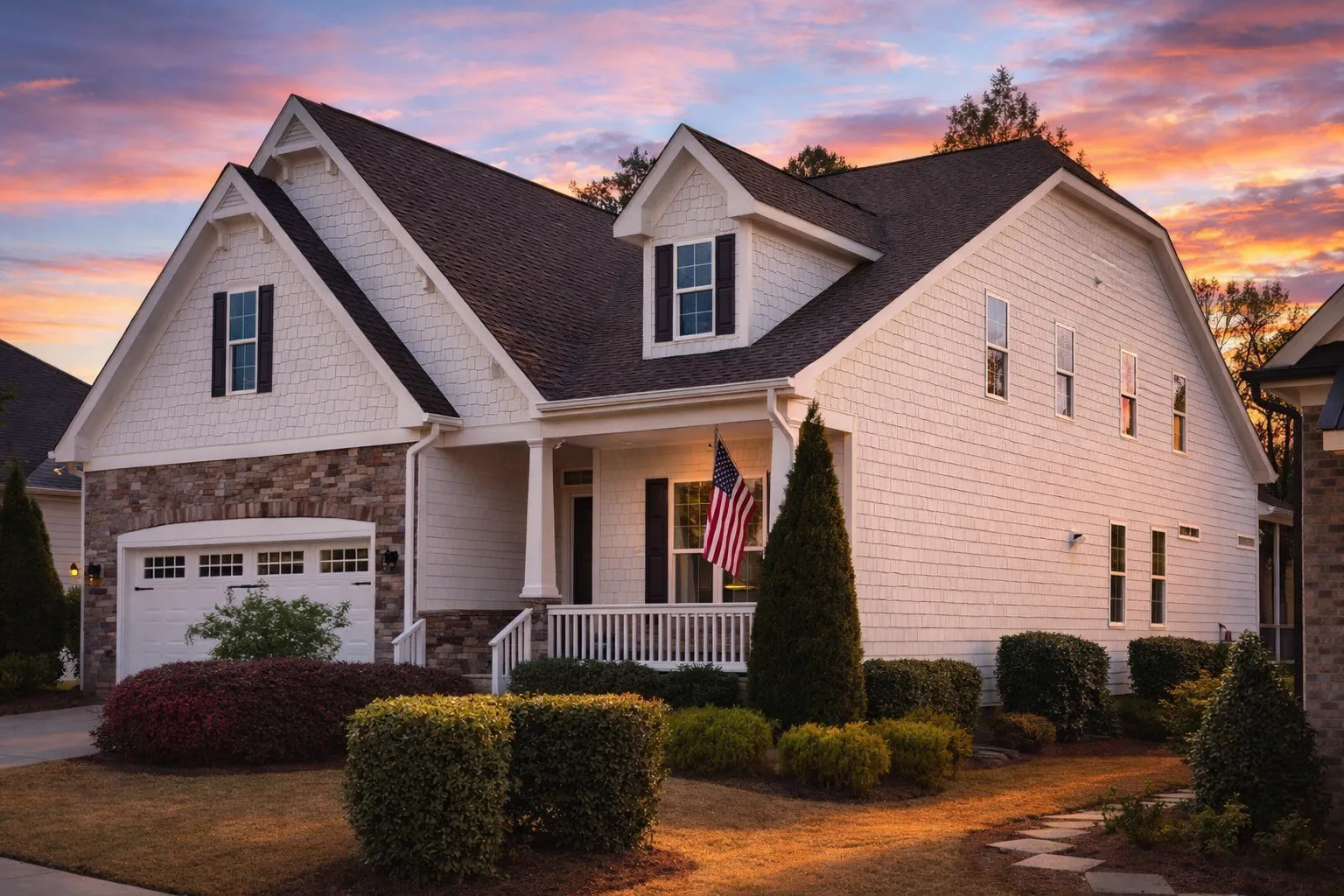 Dutch Colonial house plan with gambrel roof, dormers, and stone-accented exterior