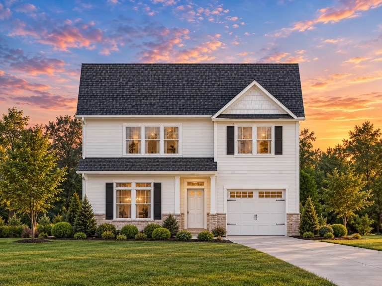 Front elevation of a New American style two-story house featuring horizontal siding, stone accents, black shutters, and an attached garage