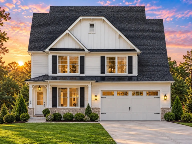 Southwestern House Plans 18 Front view of Modern Farmhouse style home featuring board and batten siding, horizontal lap siding, stone wainscoting, and a welcoming covered porch entry