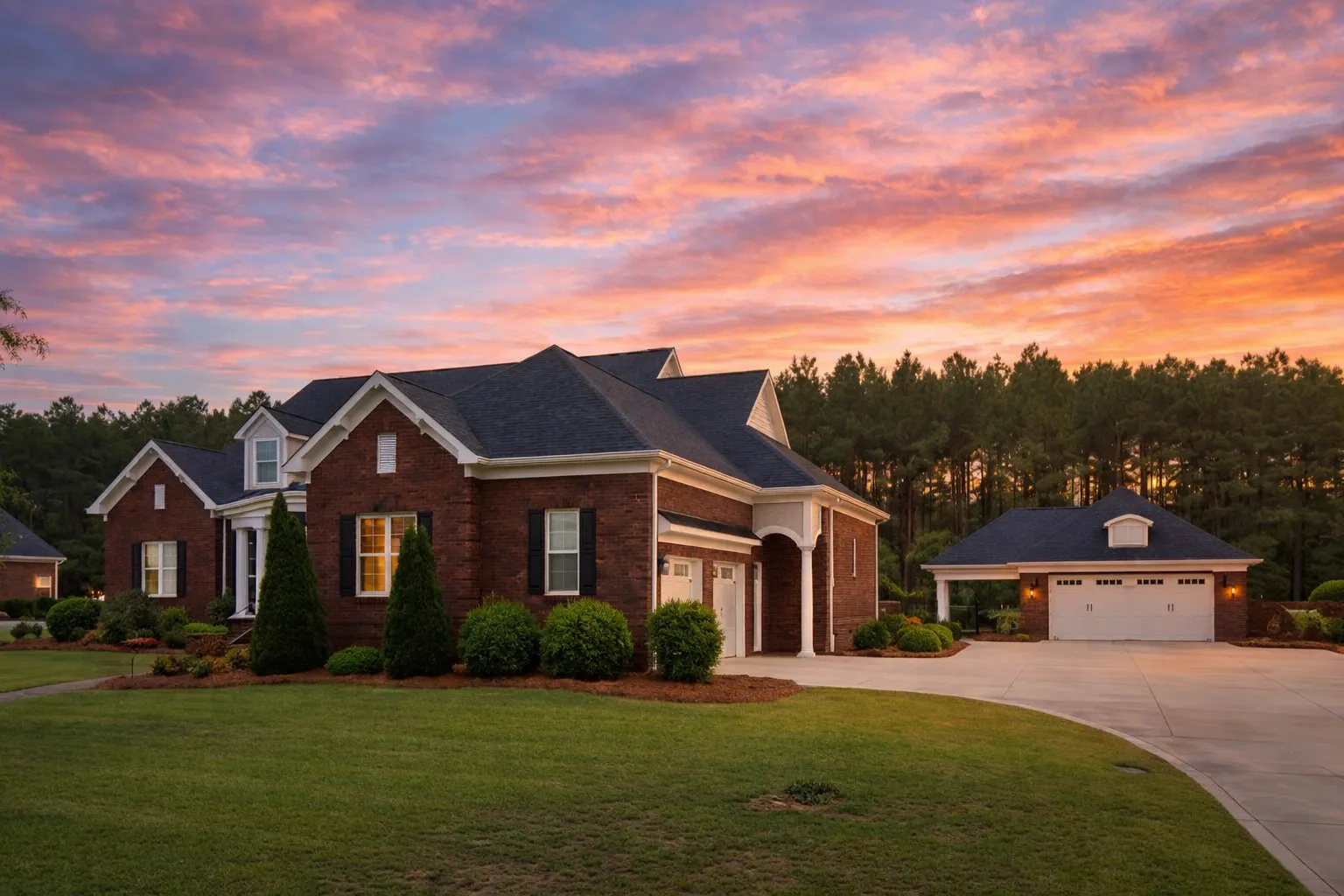 Craftsman House Plans 3 Front elevation of a New American (Modern Traditional) brick house plan with arched covered entry, dormer windows, and symmetrical curb appeal