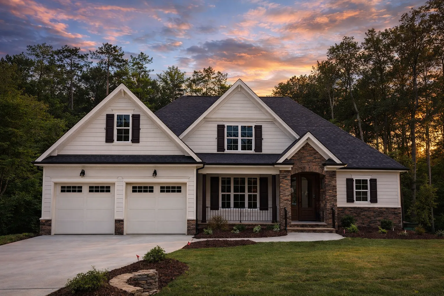 Front elevation of a New American modern traditional house with horizontal siding, stone accents, gabled rooflines, and covered porch