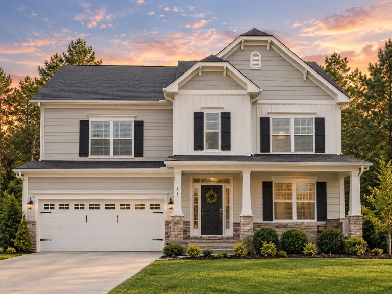 Front elevation of a New American style two-story house featuring horizontal siding, stone accents, black garage door, and symmetrical windows