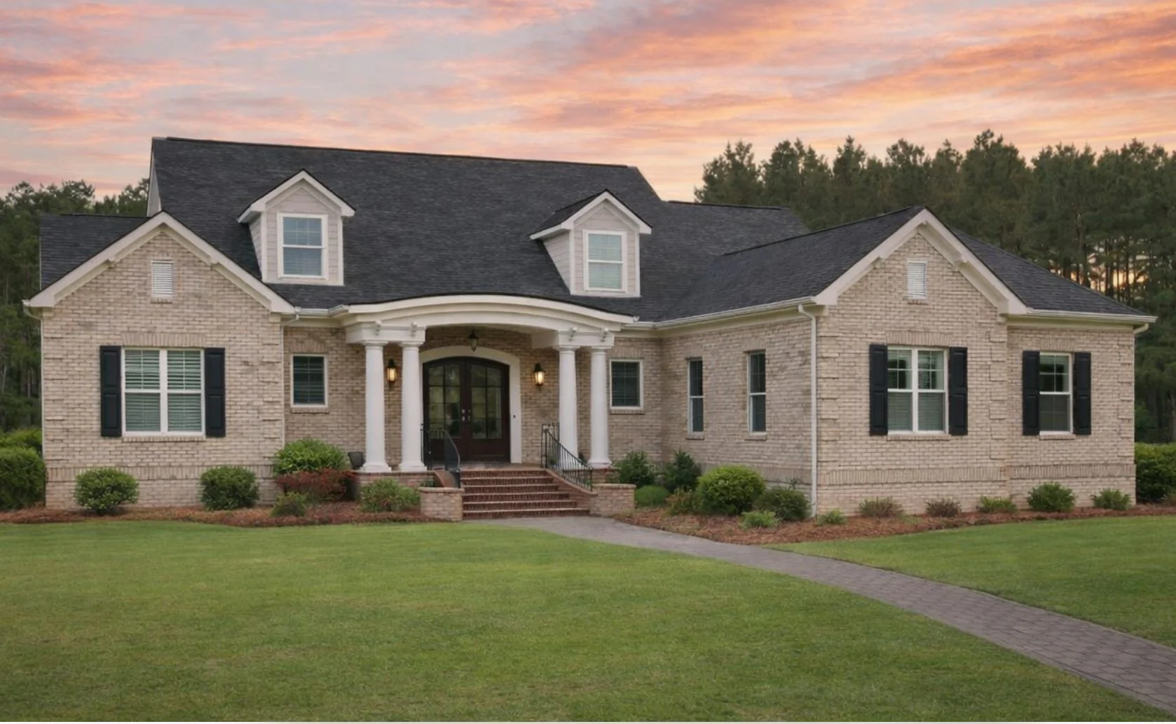 Front elevation of a New American (Modern Traditional) brick house plan with arched covered entry, dormer windows, and symmetrical curb appeal