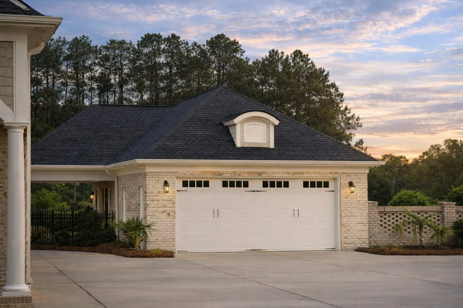 Front elevation of a Traditional Ranch style home with Colonial Brick exterior, symmetrical windows, and covered entry porch