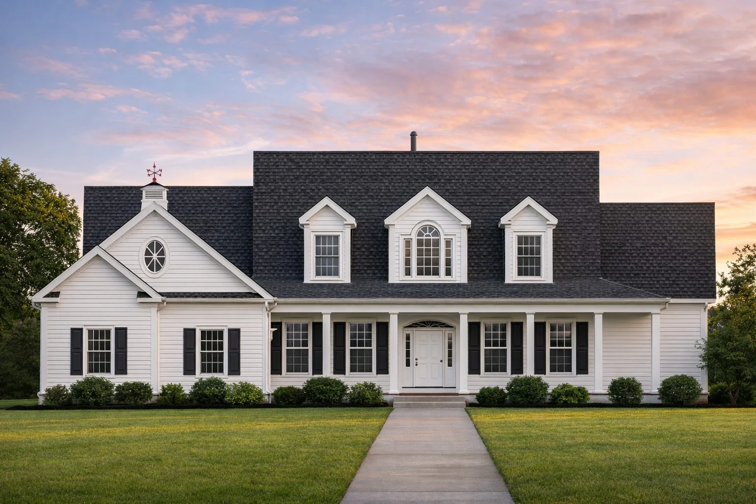 Front elevation of a Colonial Cape Cod style home featuring horizontal siding, dormer windows, and a full-width covered front porch