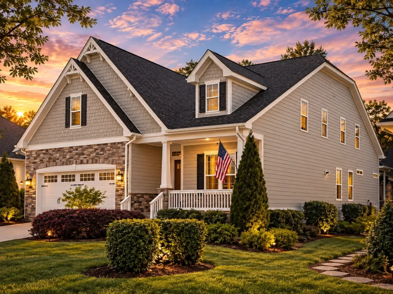 Dutch Colonial house plan with gambrel roof, dormers, and stone-accented exterior