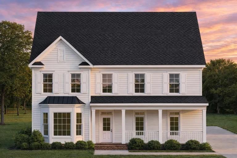 Front elevation of a Traditional Colonial style house with symmetrical windows, lap siding exterior, black shutters, and a covered front porch
