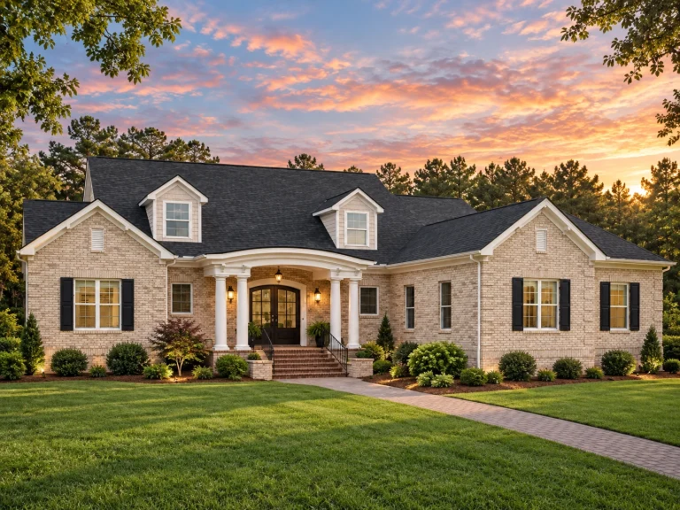 Front elevation of a New American (Modern Traditional) brick house plan with arched covered entry, dormer windows, and symmetrical curb appeal
