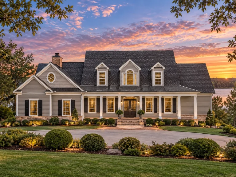 Coastal Farmhouse Plans 12 Front elevation of a Colonial Cape Cod style home featuring horizontal siding, dormer windows, and a full-width covered front porch