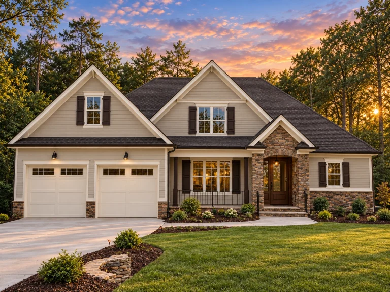Front elevation of a New American modern traditional house with horizontal siding, stone accents, gabled rooflines, and covered porch