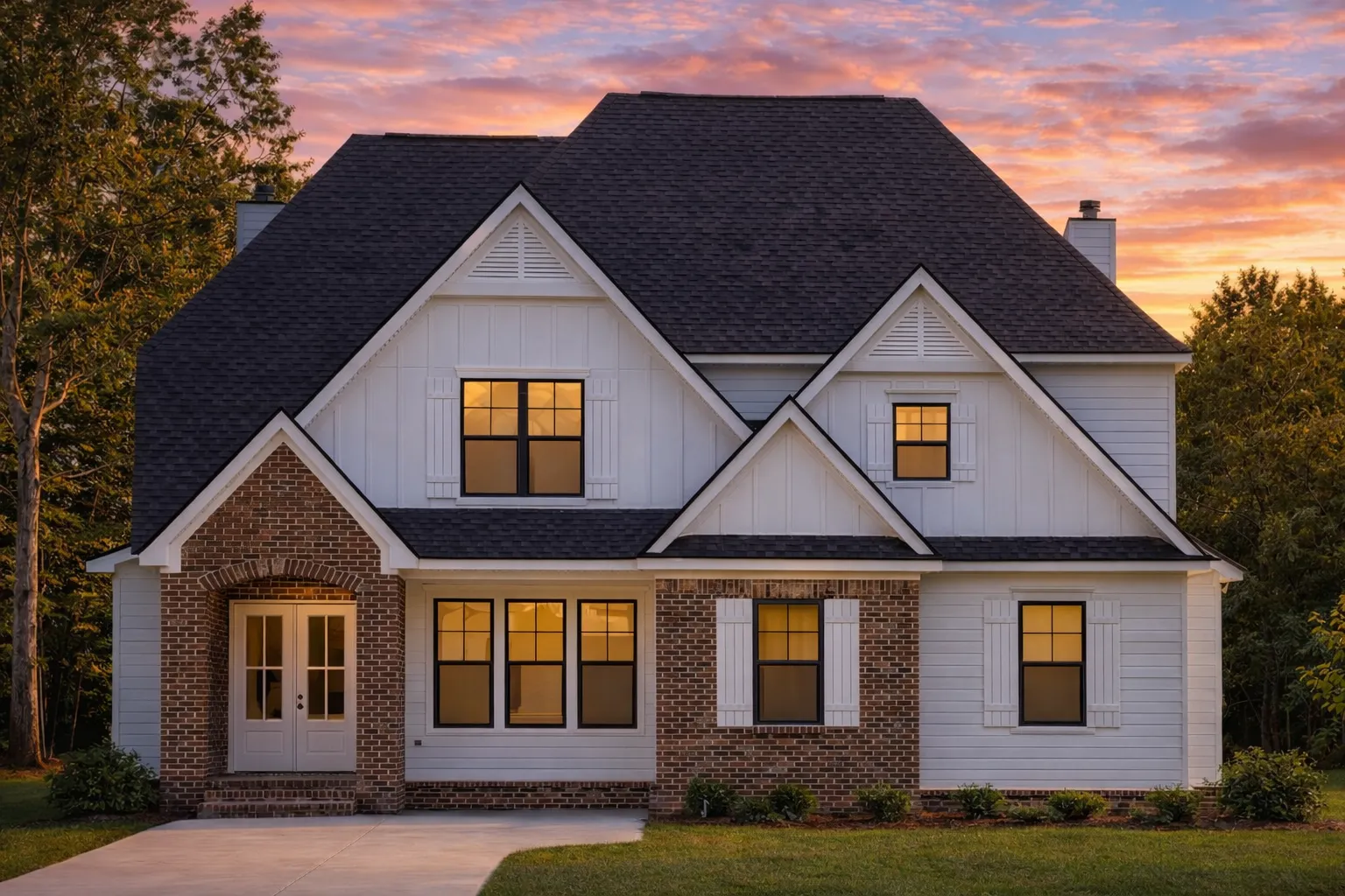 Front elevation of Modern Farmhouse style home with brick base, white horizontal lap siding, gabled rooflines, and warm window lighting