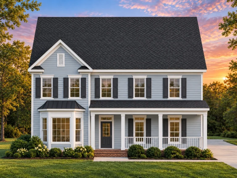 Front elevation of a Traditional Colonial style house with symmetrical windows, lap siding exterior, black shutters, and a covered front porch